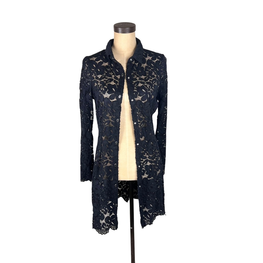 Y2K Black Lace Mini Dress Vertigo Collection Floral Button Front Long Sleeve S